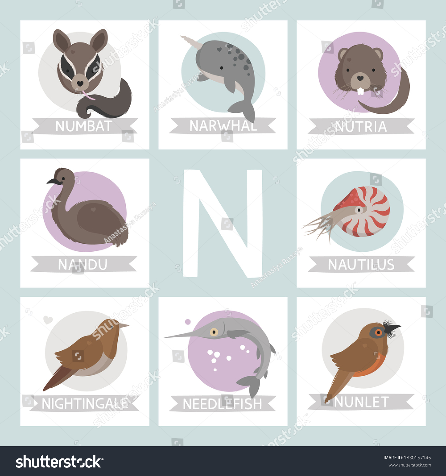 Letter N Named Animals Cute Animals Stock Vector Royalty Free ...