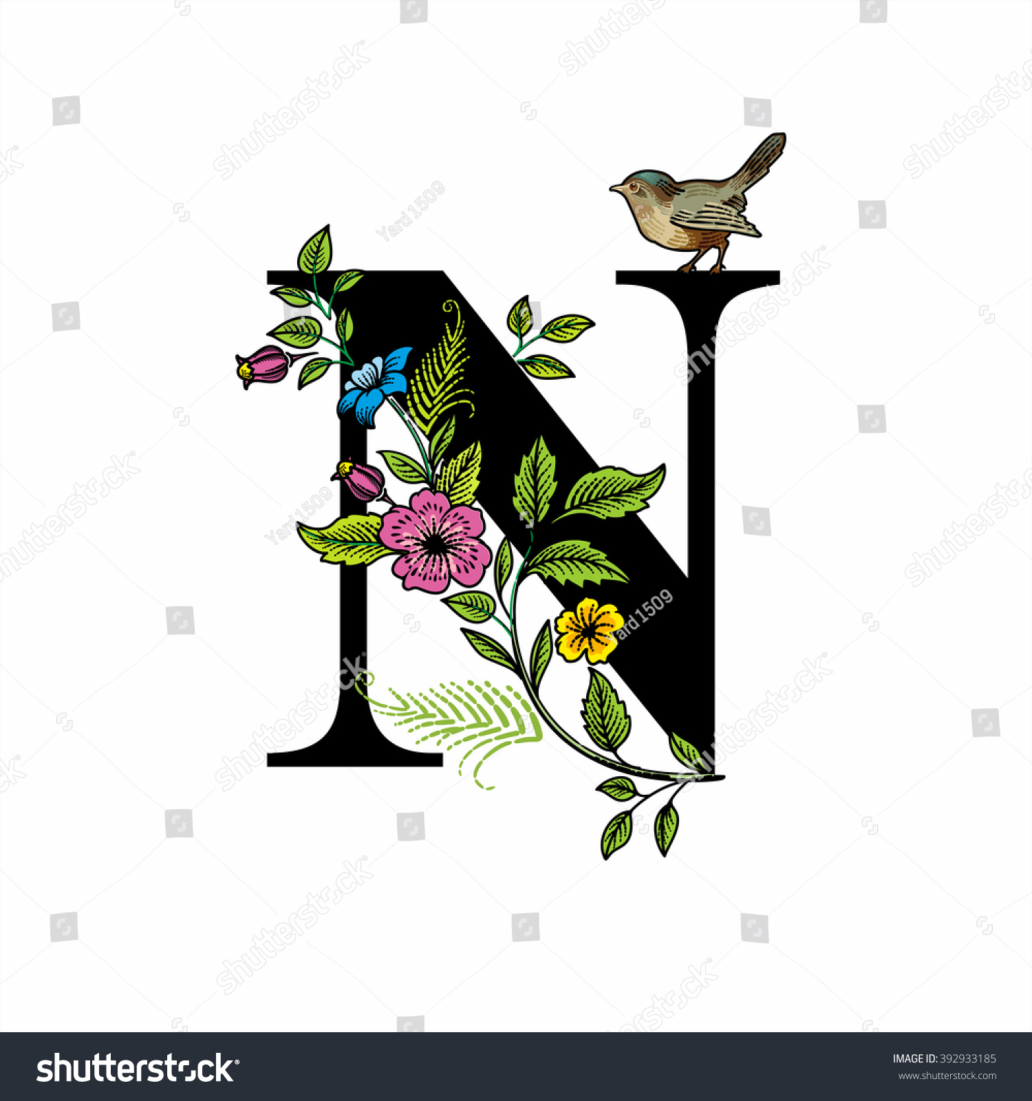 Download Letter N Flowers Bird Black On Stock Vector 392933185 ...