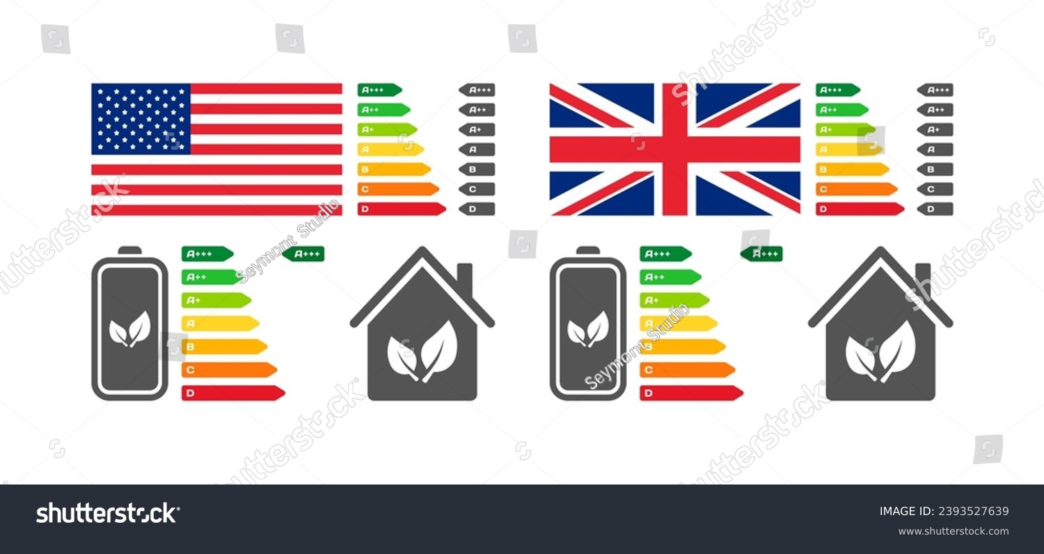 SVG of Letter rating icons. Flat, color, American, British national flag, battery letter rating, houses. Vector icons svg