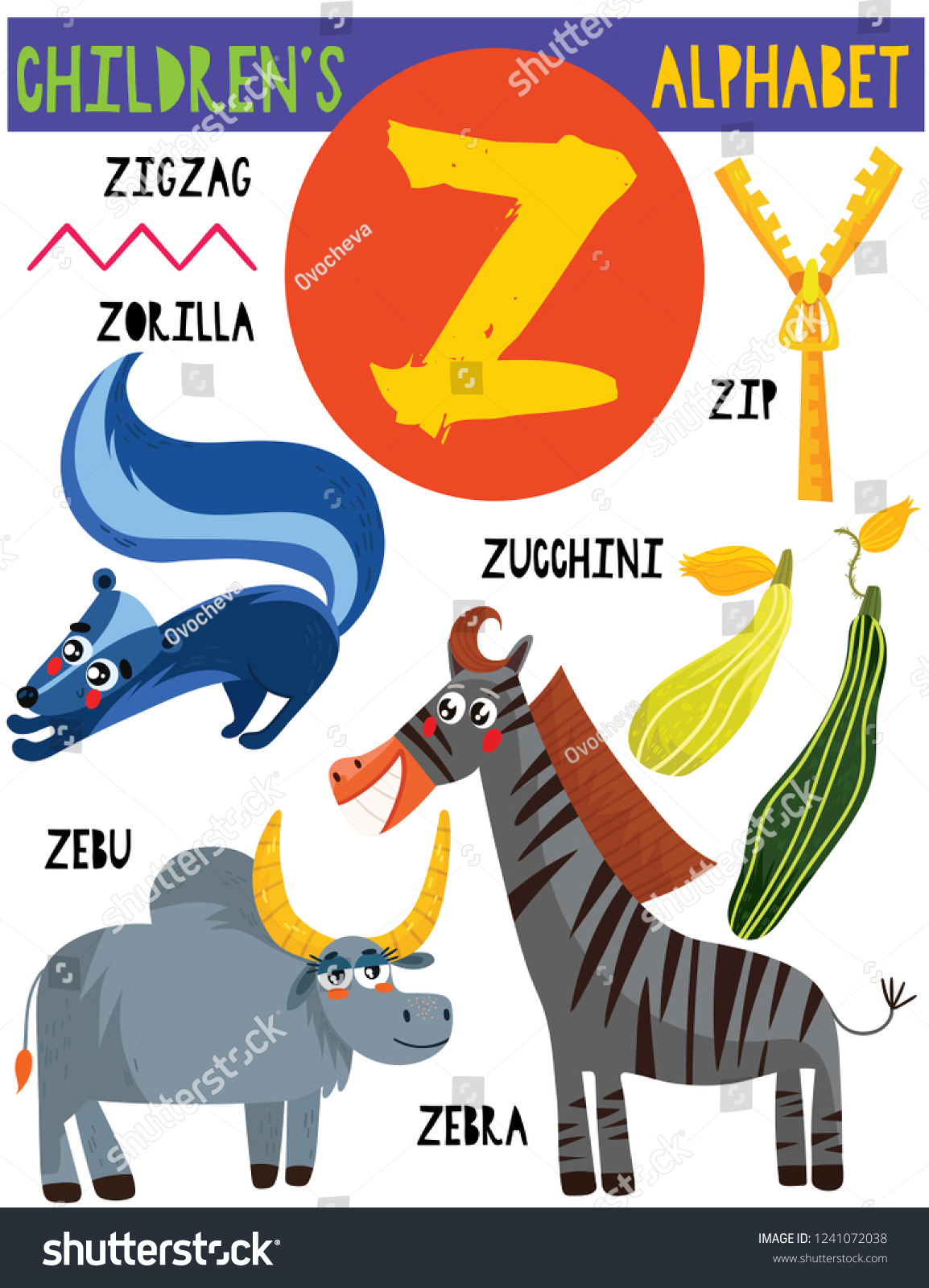 Letter Z Cute Childrens Alphabet Adorable Animals Stock Vector (Royalty