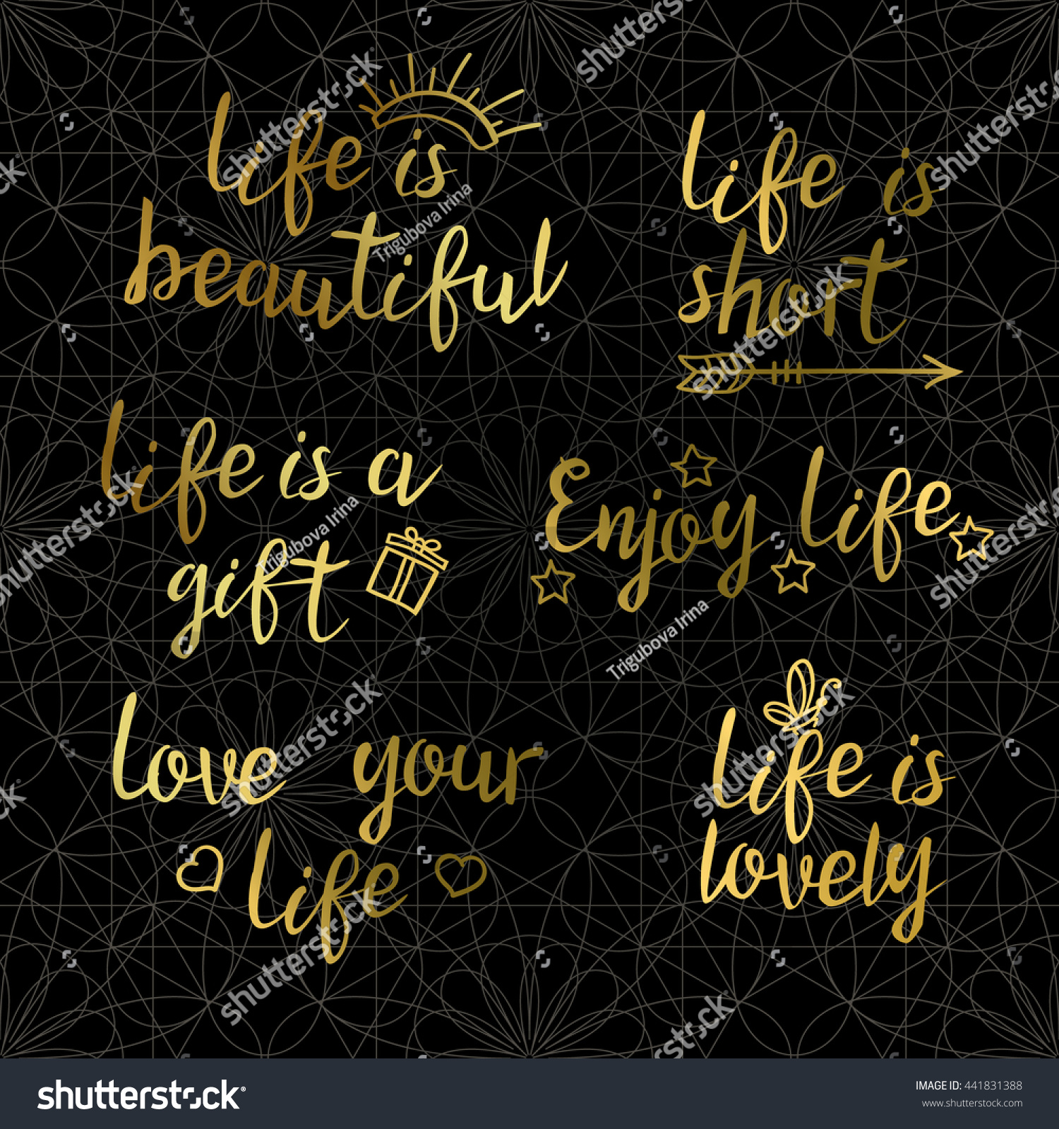 Lettering golden quotes about life on a dark background Sparkle vector hand drawn modern phrases