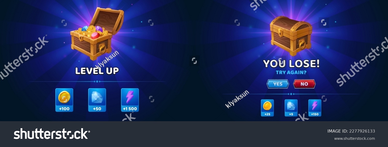 SVG of Level up and defeat mobile ui game vector background. Gui win screen banner with treasury chest interface. User fail text and button graphic design. Victory achievement trophy and lose element set. svg