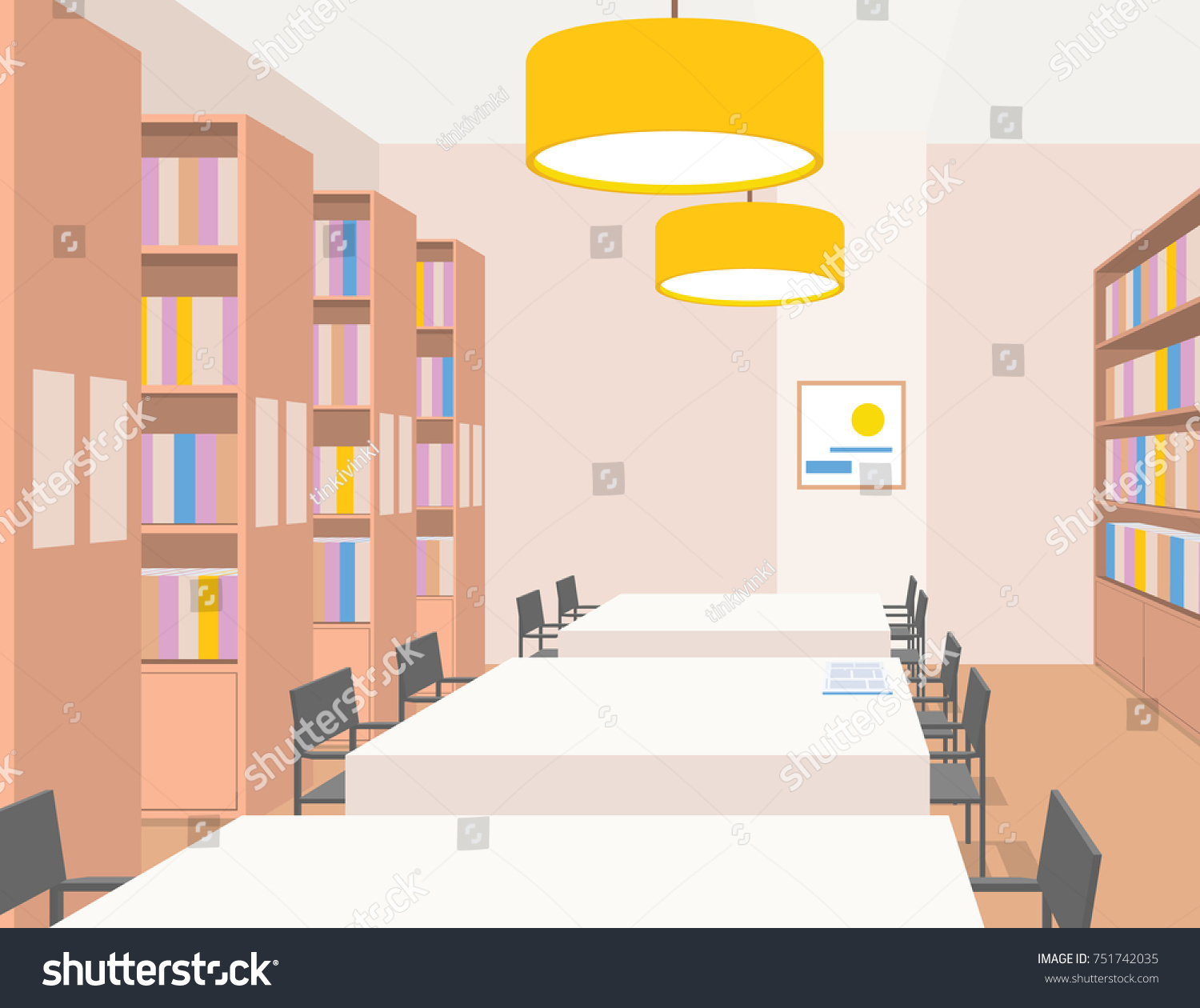 Library Interior Tables Chairs Bookcases Lights Stock Vector (Royalty ...
