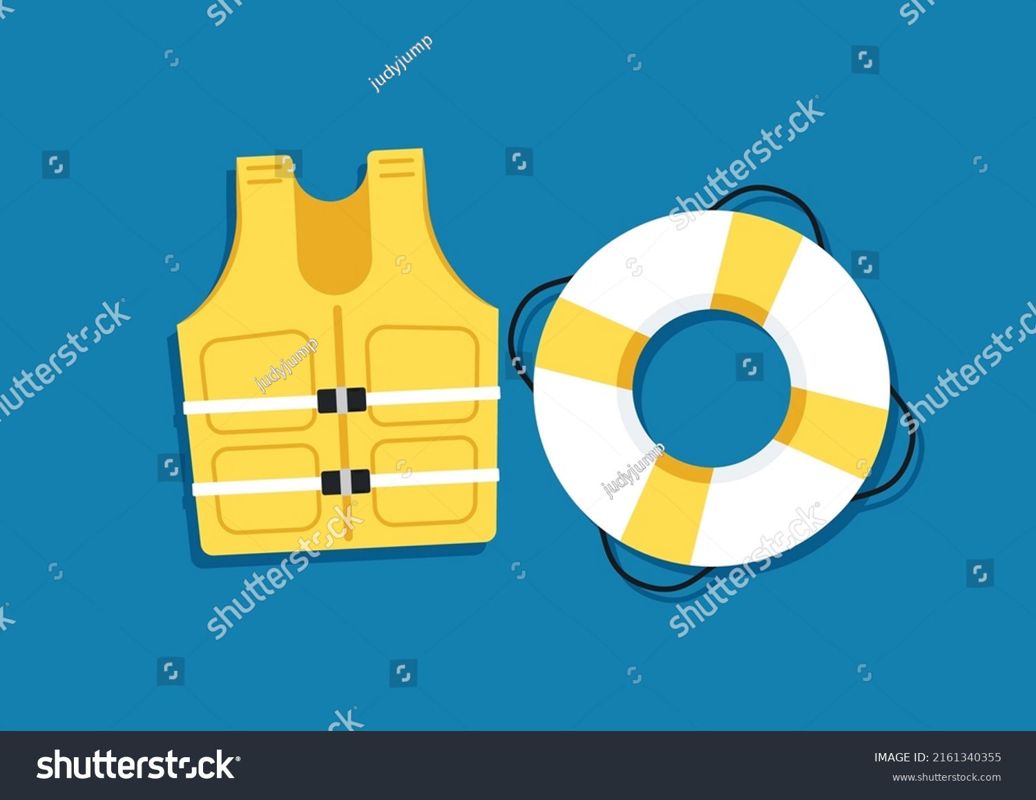 SVG of Lifebuoy and life Jacket cartoon vector. Vector flat style colored illustration of Lifebuoy and Life jacket on blue background. svg