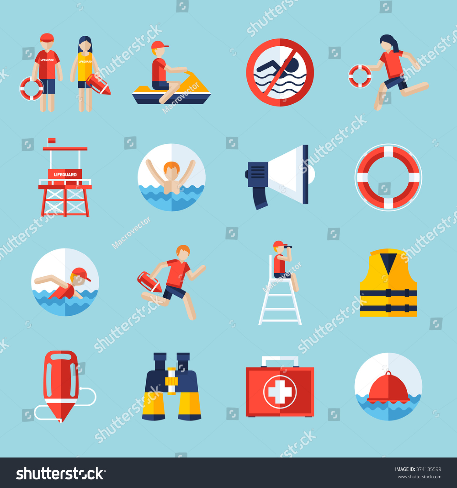 Lifeguard Flat Icons Set Swimming People Stock Vector 374135599 ...