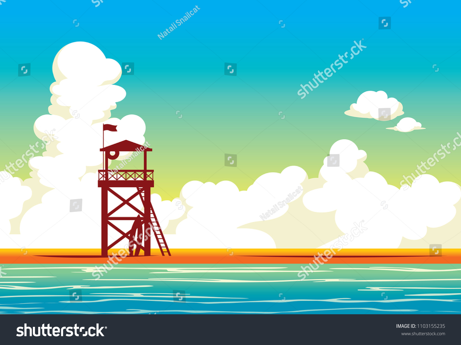 SVG of Lifeguard station on a beach and blue sea on a cloudy sky. Vector illustration with summer landscape. svg
