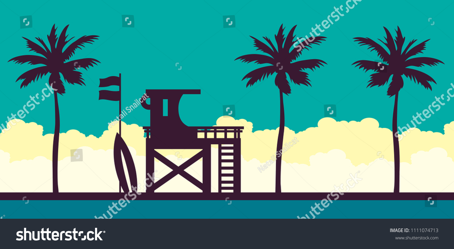 SVG of Lifeguard station on a beach with palm on a blue cloudy sky. Vector illustration with tropical landscape. Summer card. svg
