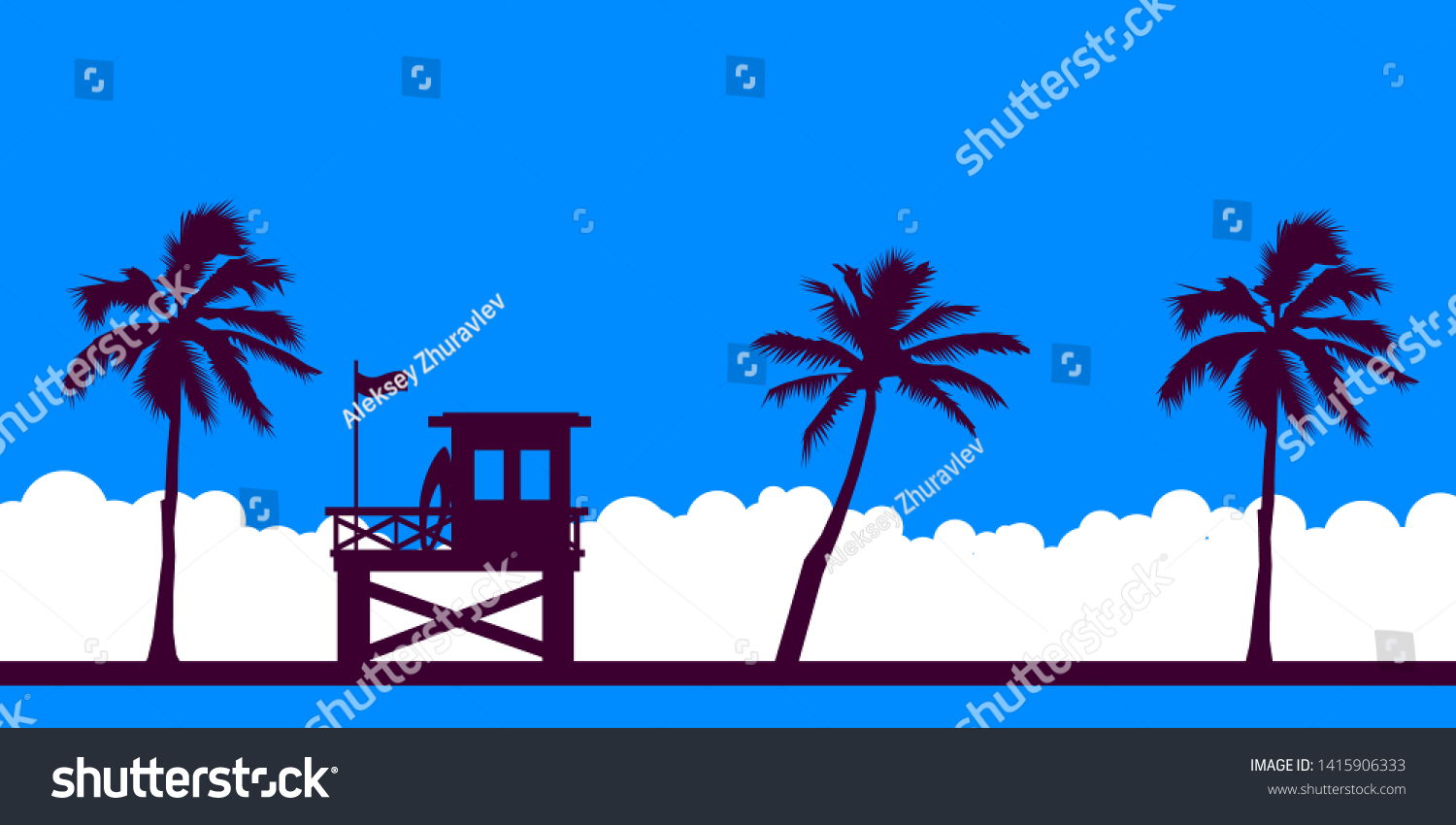SVG of Lifeguard station on a beach with palm on a blue sky. Vector illustration with tropical landscape. Summer card. svg
