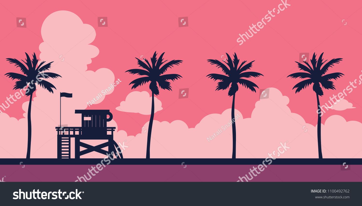 SVG of Lifeguard station on a beach with palm on a sunset sky. Vector illustration with tropical landscape. Summer card. svg