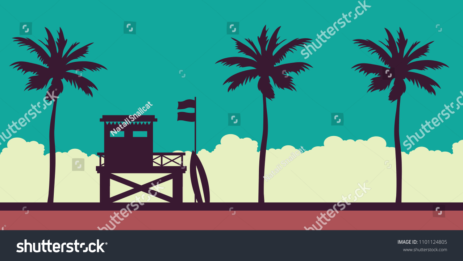 SVG of Lifeguard station on a beach with palm on a sunset sky. Vector illustration with tropical landscape. Summer card. svg