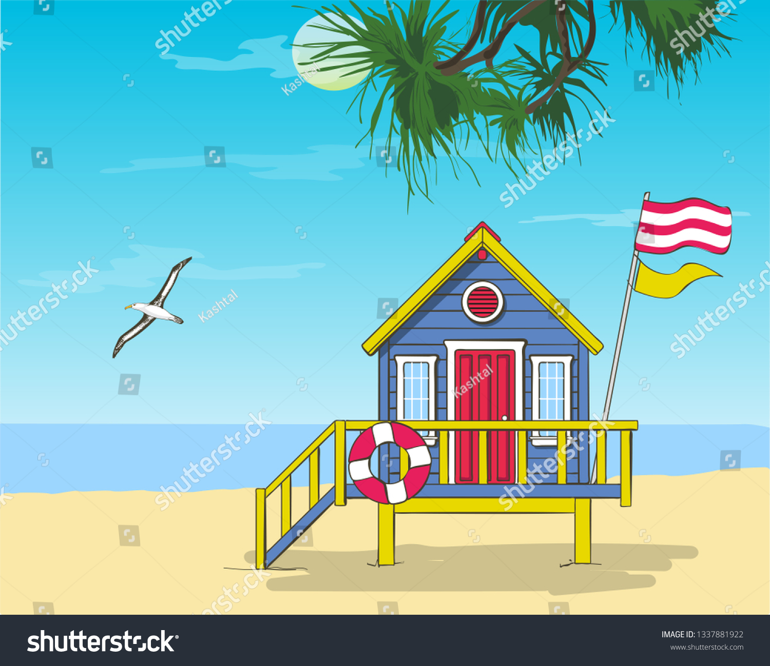 SVG of Lifeguard station on a beach with palm on a sunset sky. Vector illustration with tropical landscape. Summer card.  svg