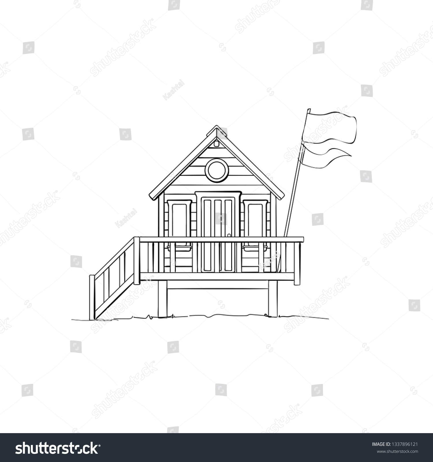 SVG of Lifeguard station on a beach with palm on a sunset sky. Vector illustration with tropical landscape. linear design svg