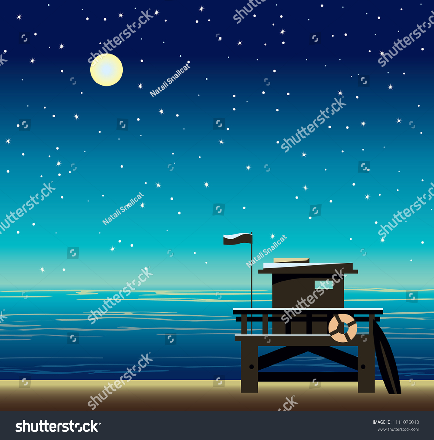 SVG of Lifeguard station on a beach with with blue sea on a night starry sky. Vector illustration with summer landscape. svg