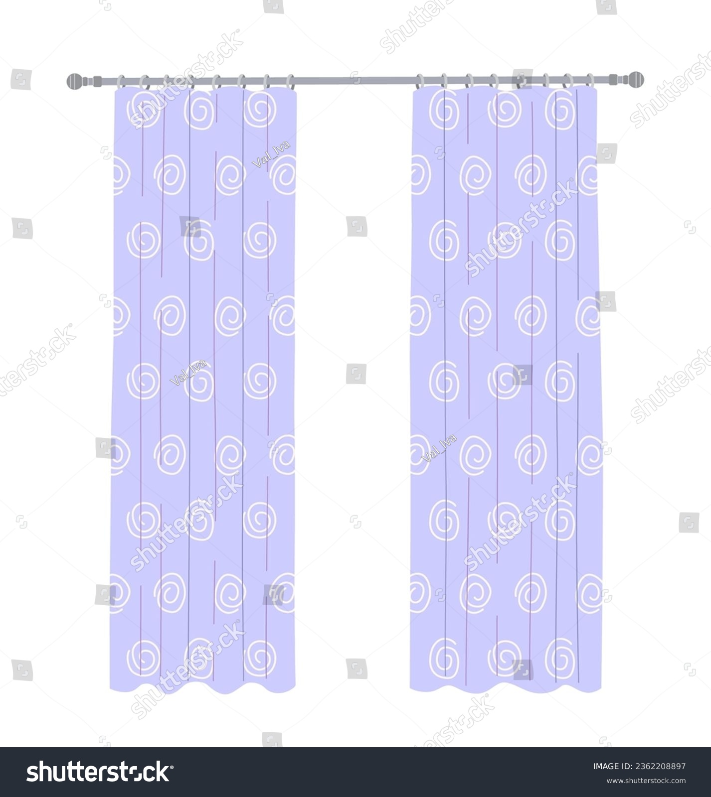 SVG of Light blue window curtains with minimalist print in pastel colors isolated on white. Two curtains with pattern hanging on the rod. Element for room interior. Simple vector flat illustration. svg