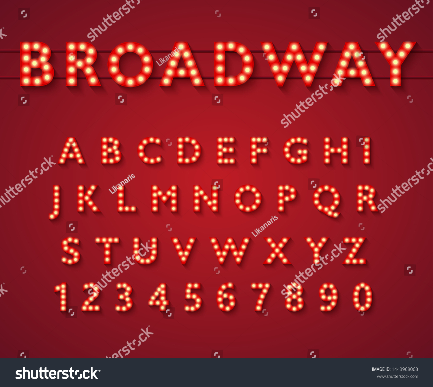 SVG of Light bulb alphabet in Broadway theatre style, vintage glowing bright letters and numbers with yellow lamps and shadows on red background. Typography vector illustration. svg