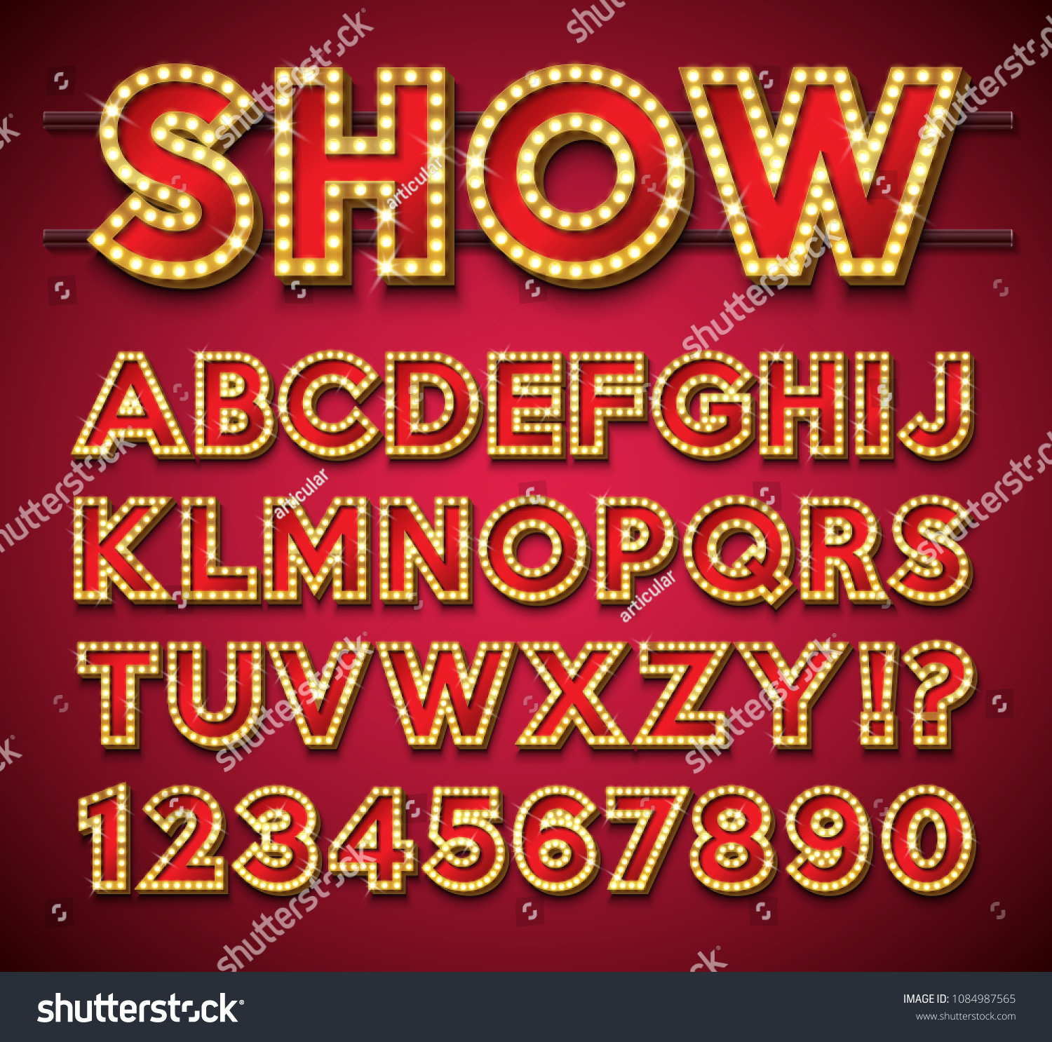 SVG of Light Bulb Alphabet with gold frame and shadow on red backgrond. Glowing retro vector font collection with shiny bright lights. ABC and number design for casino, night club or cinema. Layered svg