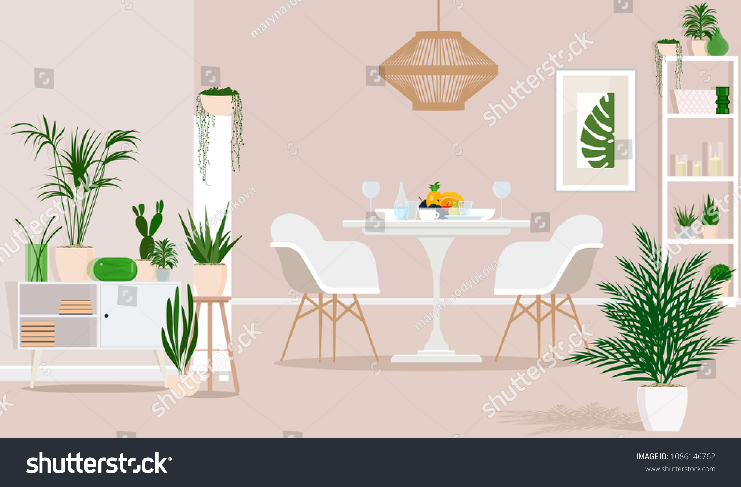 Light Dining Room Ecostyle Table Shelves Stock Vector Royalty Free 1086146762