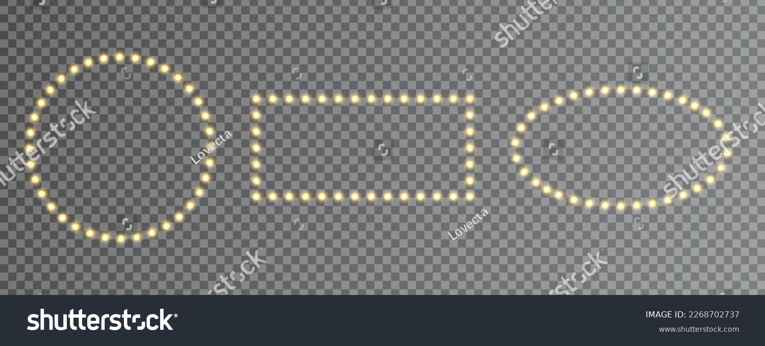 SVG of Light frame set. Gold bulb border. Lamp golden circle, square banner. Retro neon wall billboard. Cinema, casino design element. Glitter luxury decoration. Mirror background. Vector illustration. svg