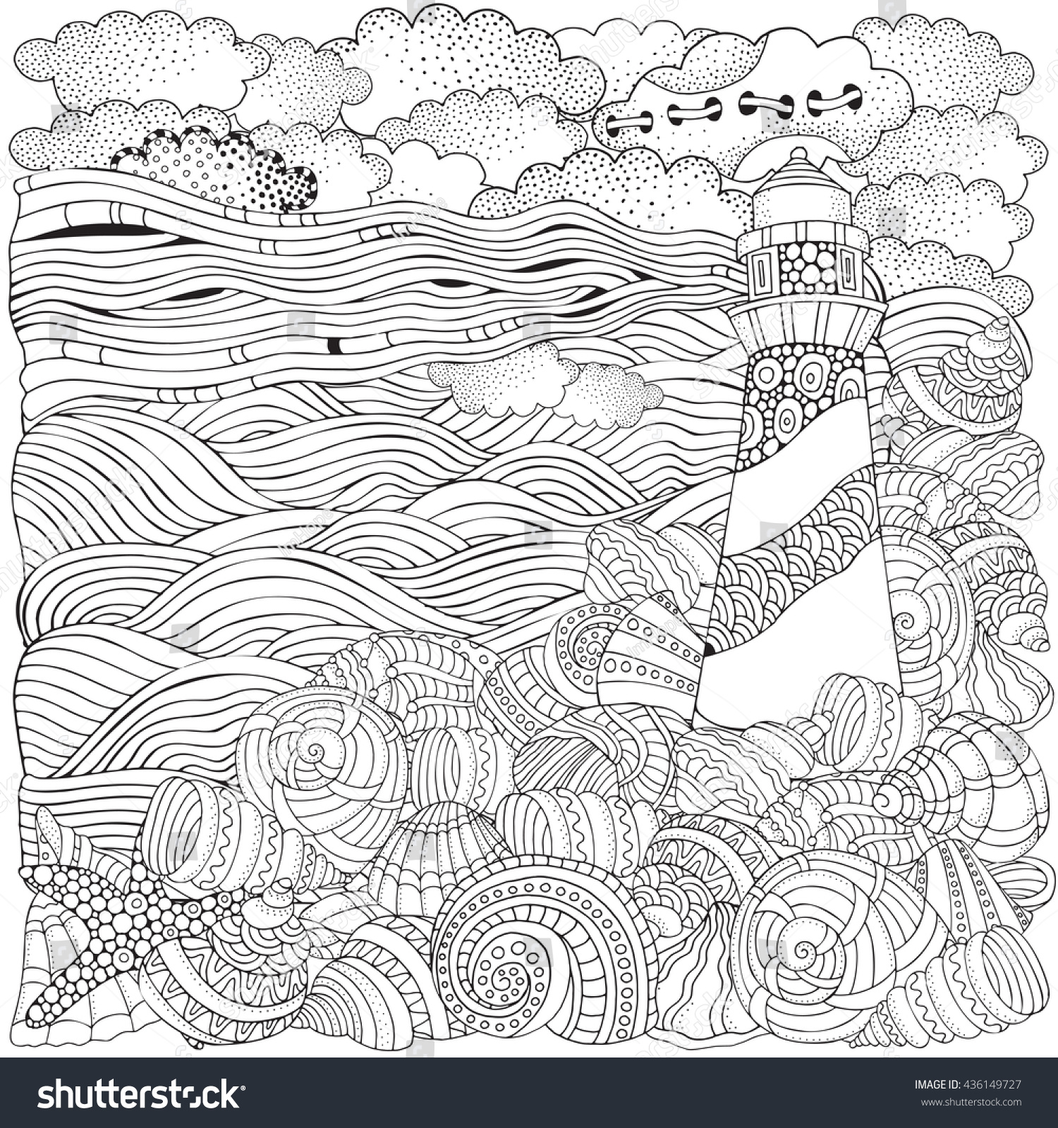 Lighthouse And Shells, Seascape. Coloring Book Page For Adult. Waves ...