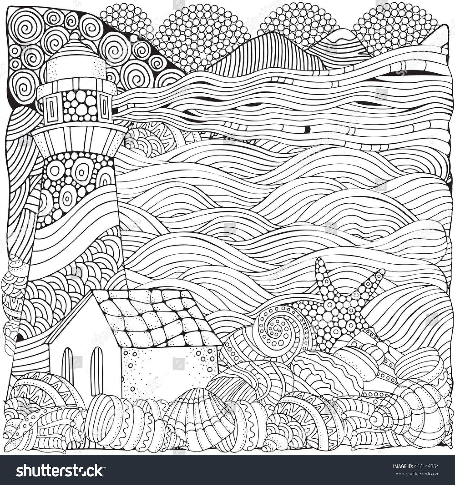 Lighthouse and shells seascape Coloring book page for adult Waves sea