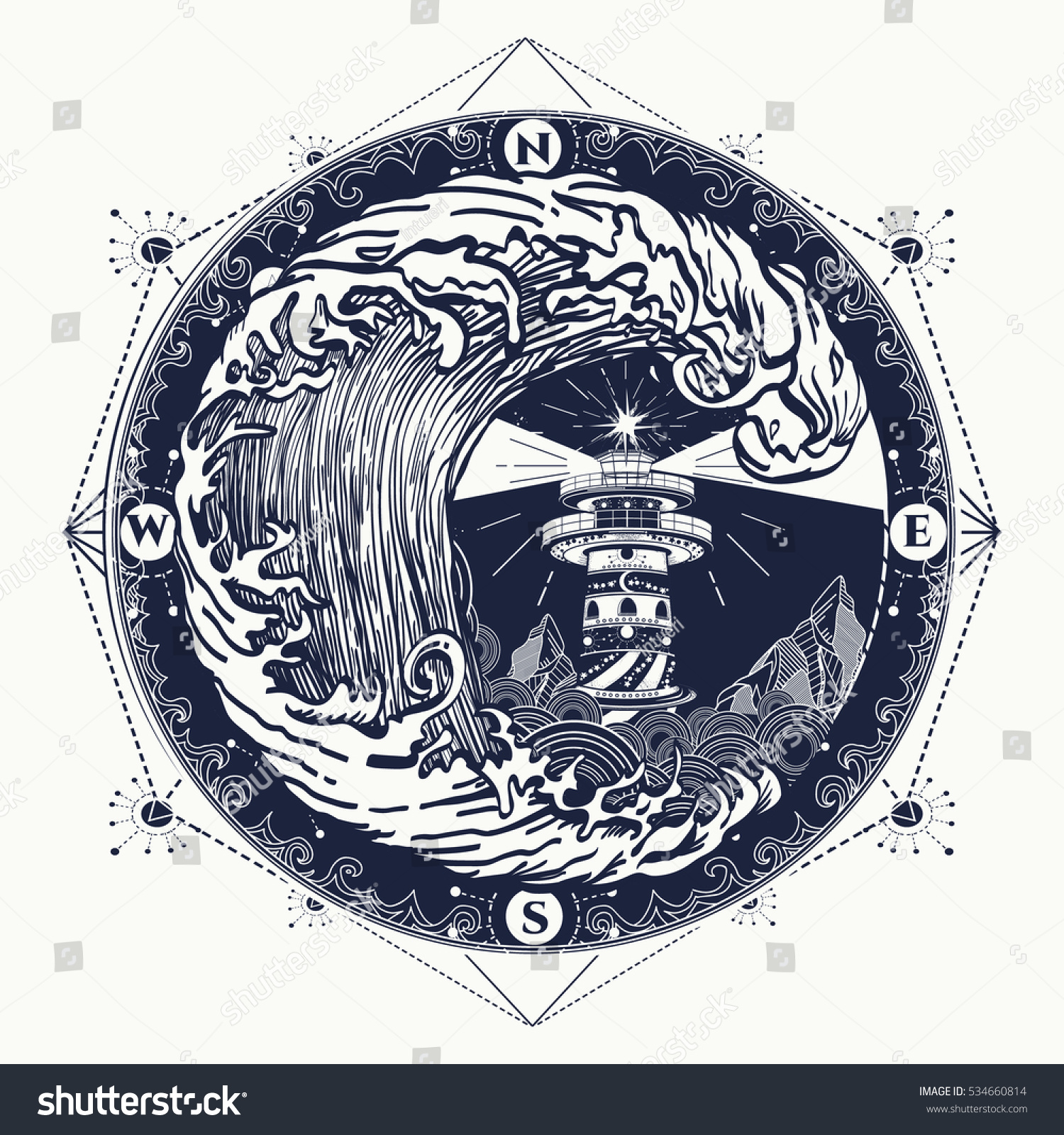 lighthouse storm tattoo lighthouse rose compass stock vector lighthouse storm tattoo lighthouse rose compass stock vector