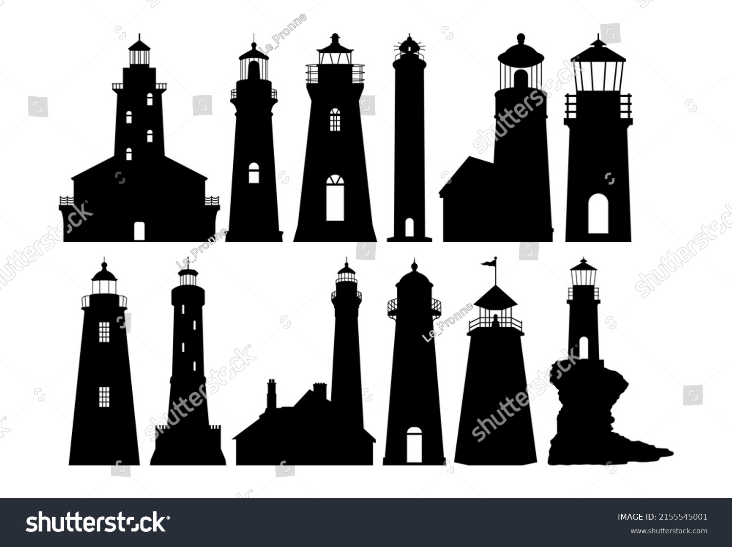 SVG of Lighthouse, set of black and white illustrations, silhouettes. Template for plotter lazer cutting of paper, wood. svg
