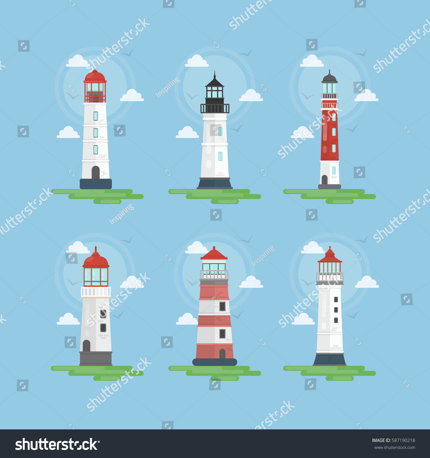 Lighthouses Illustrations Set Beacons Clouds Nautical Stock Vector ...