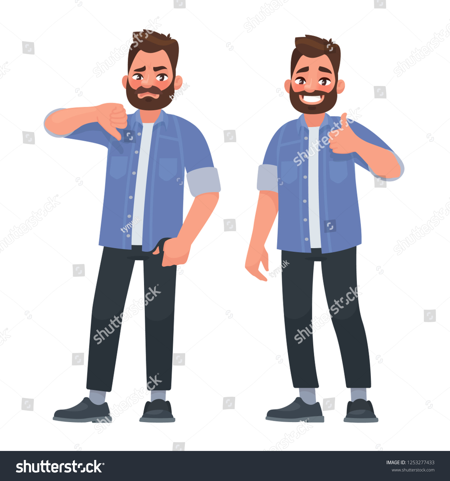 SVG of Like and dislike. Good and bad. A man shows a gesture of approval and disapproval. Vector illustration in cartoon style. svg