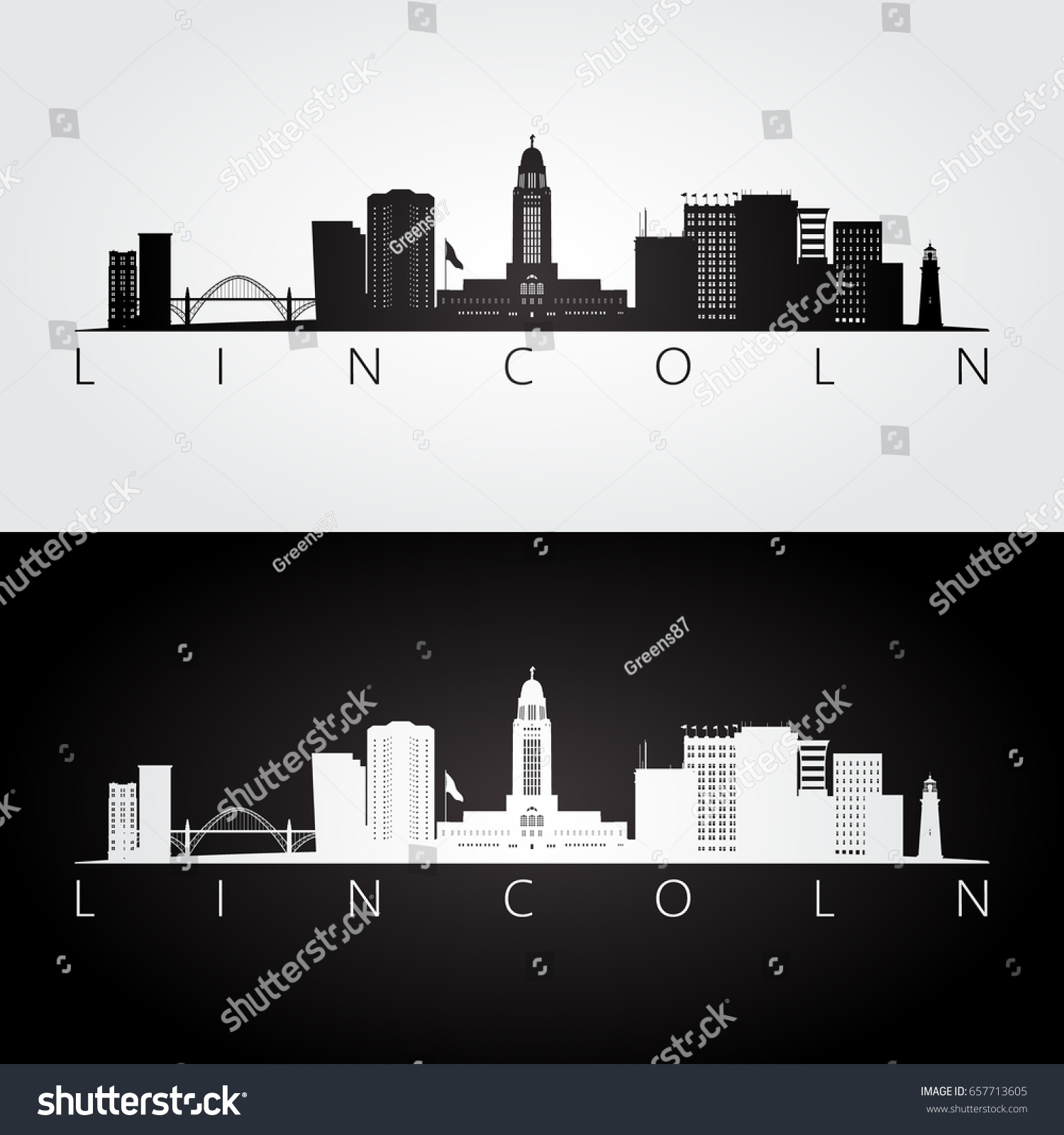 Lincoln Usa Skyline Landmarks Silhouette Black Stock Vector (Royalty ...