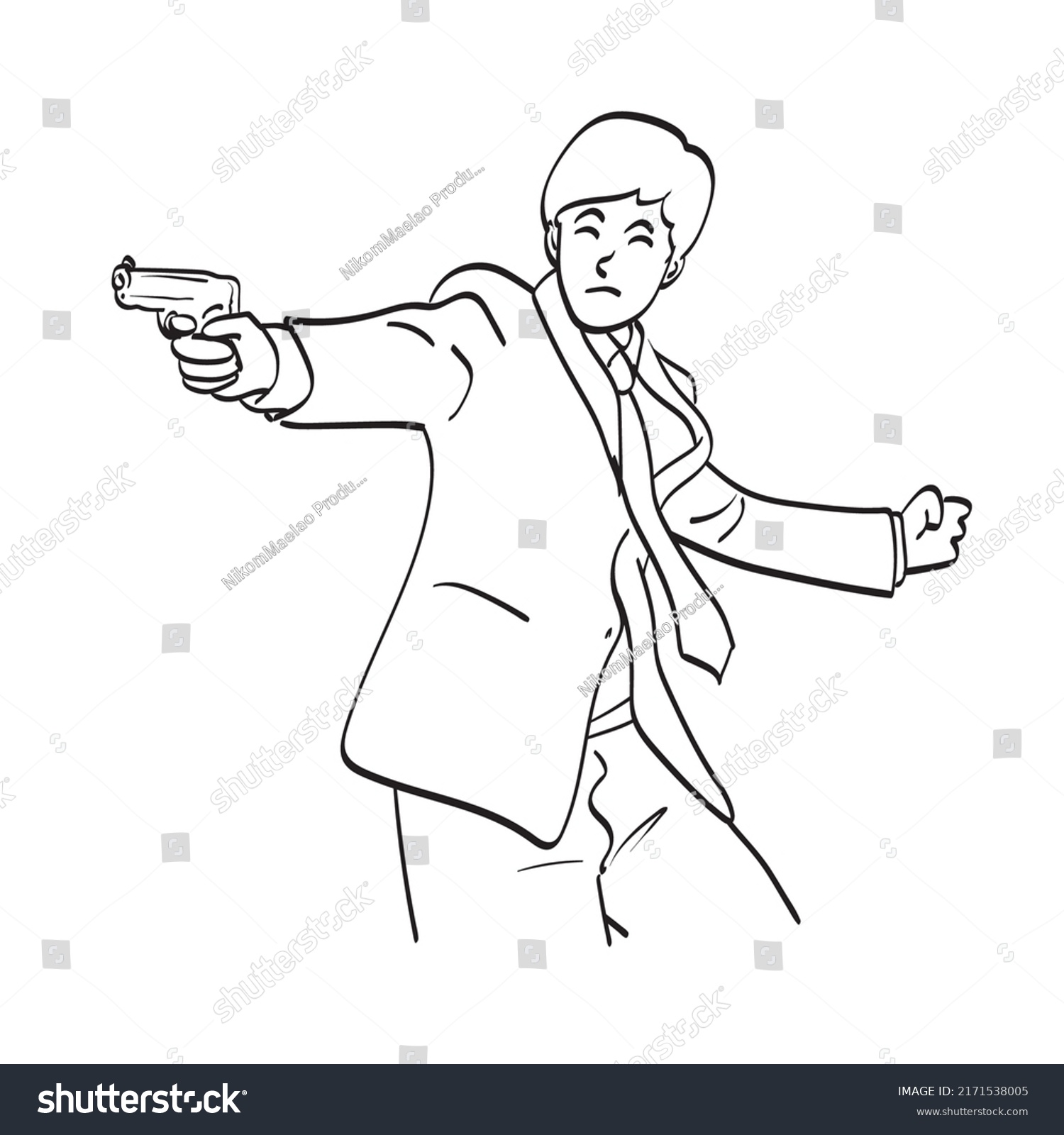 recommend clip art: line art businessman with gun in hand illustration vector hand drawn isolated on white background
