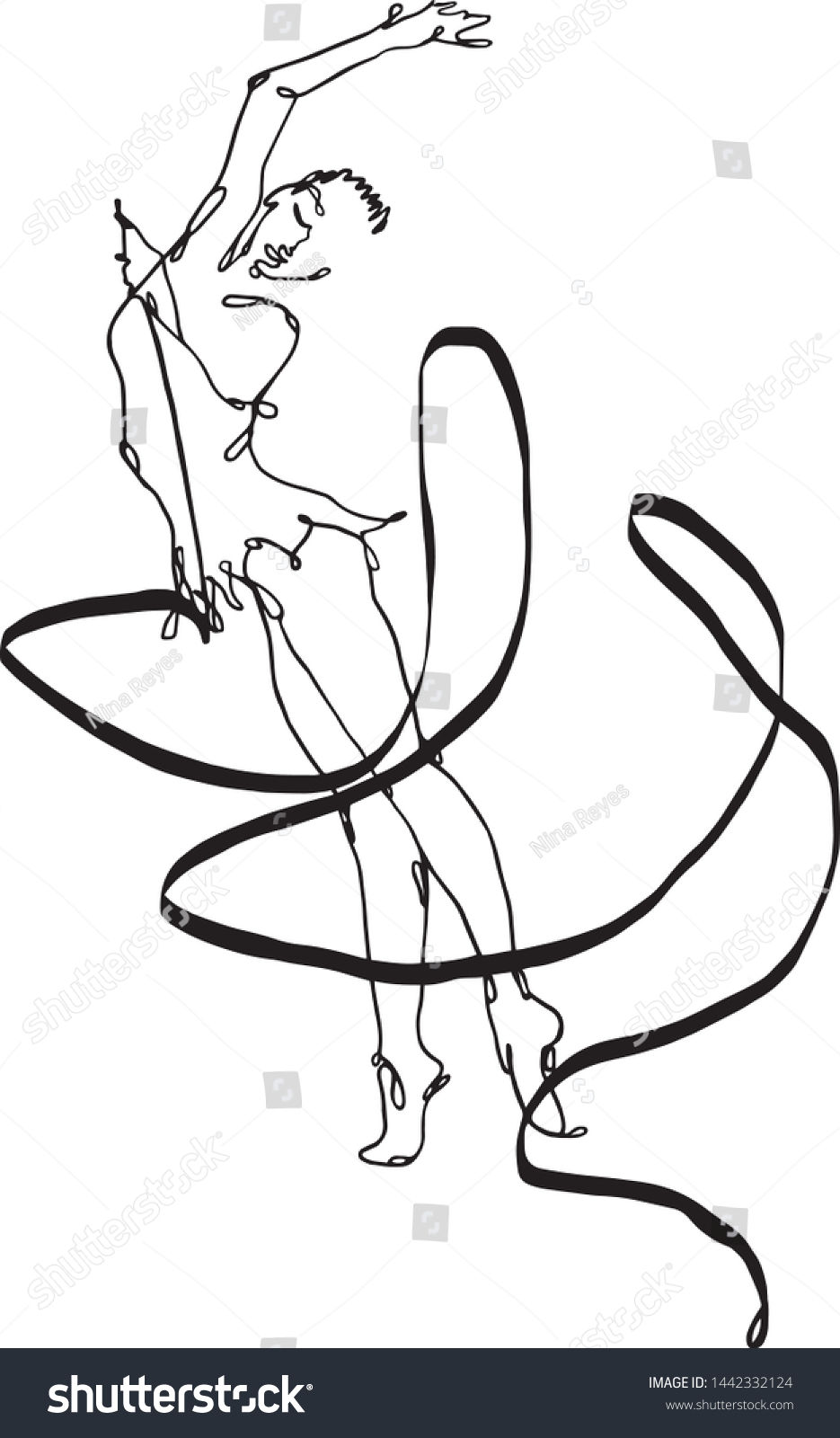 recommend clip art: Line art drawn vector illustration of beautiful gymnast performing with a ribbon