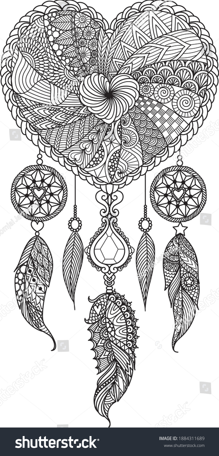 recommend clip art: Line art heart shape dream catcher for coloring book, coloring page, engraving and design element. Vector illustration.