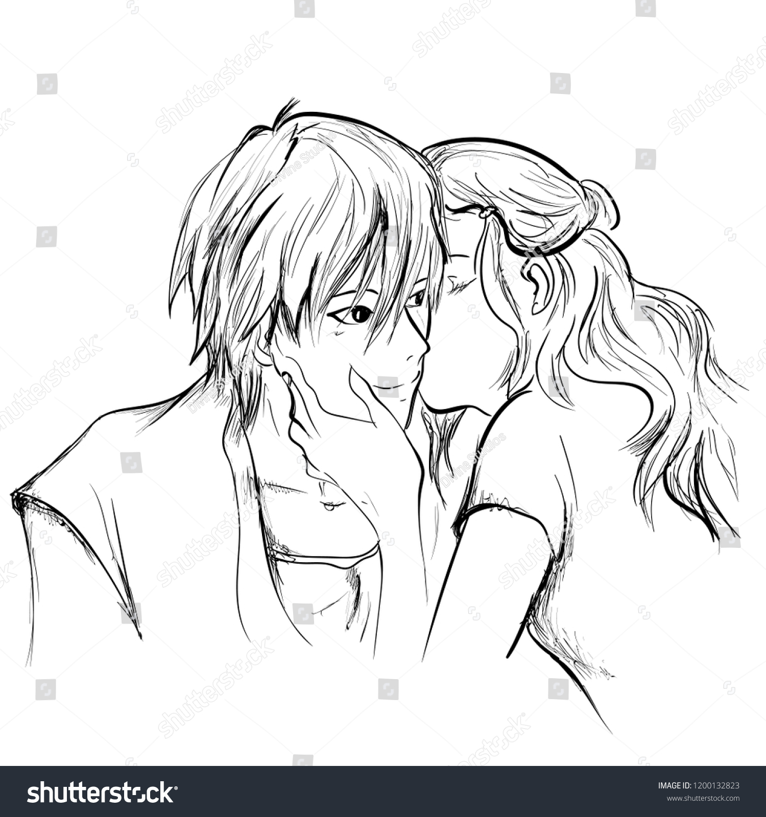 Line Art Sketch Cute Girl Kissing Stock Vector Royalty Free