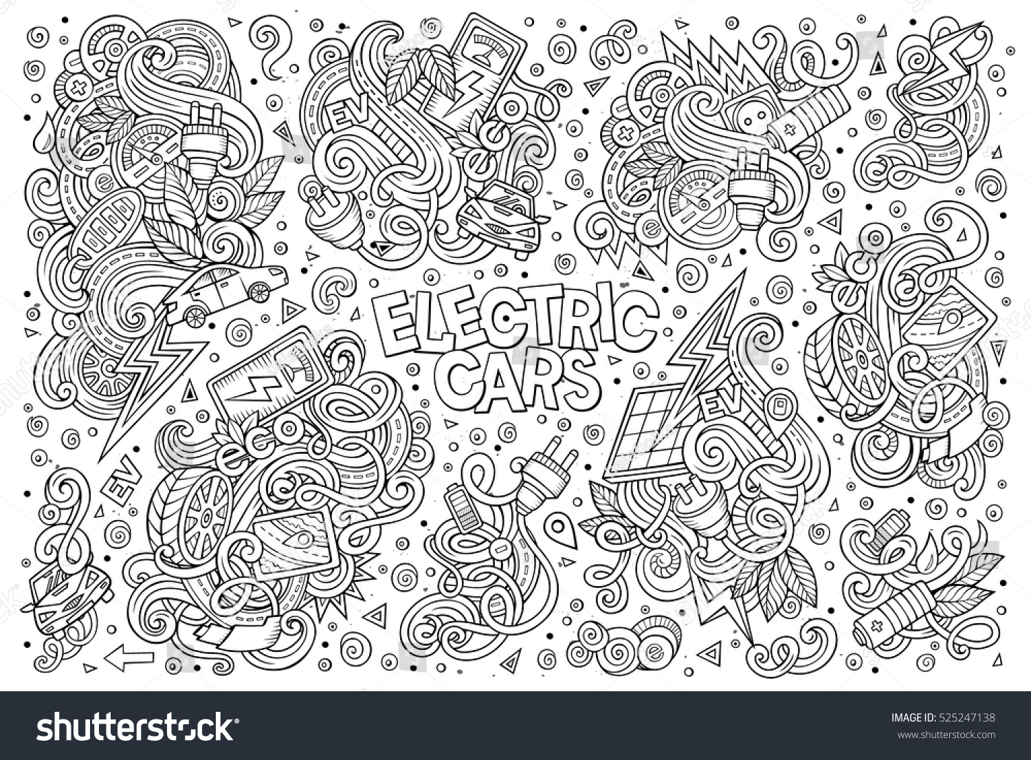 Line Art Vector Hand Drawn Doodle Cartoon Set Of Electric Cars