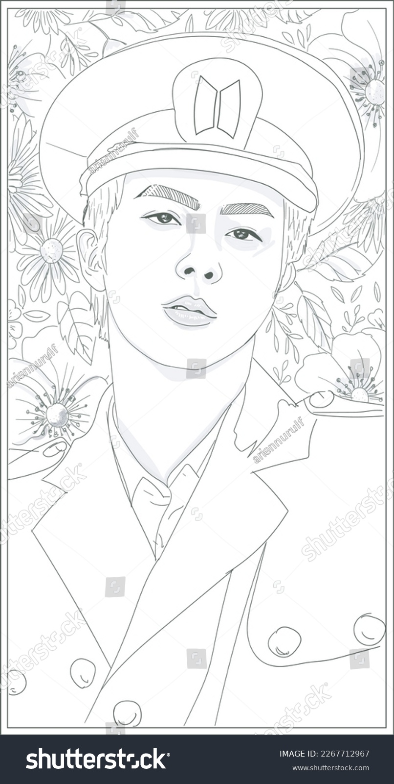 SVG of Line art vector illustration of a man with a perfectly handsome face. Background line art flowers and leaves. Can be used for adult coloring books svg