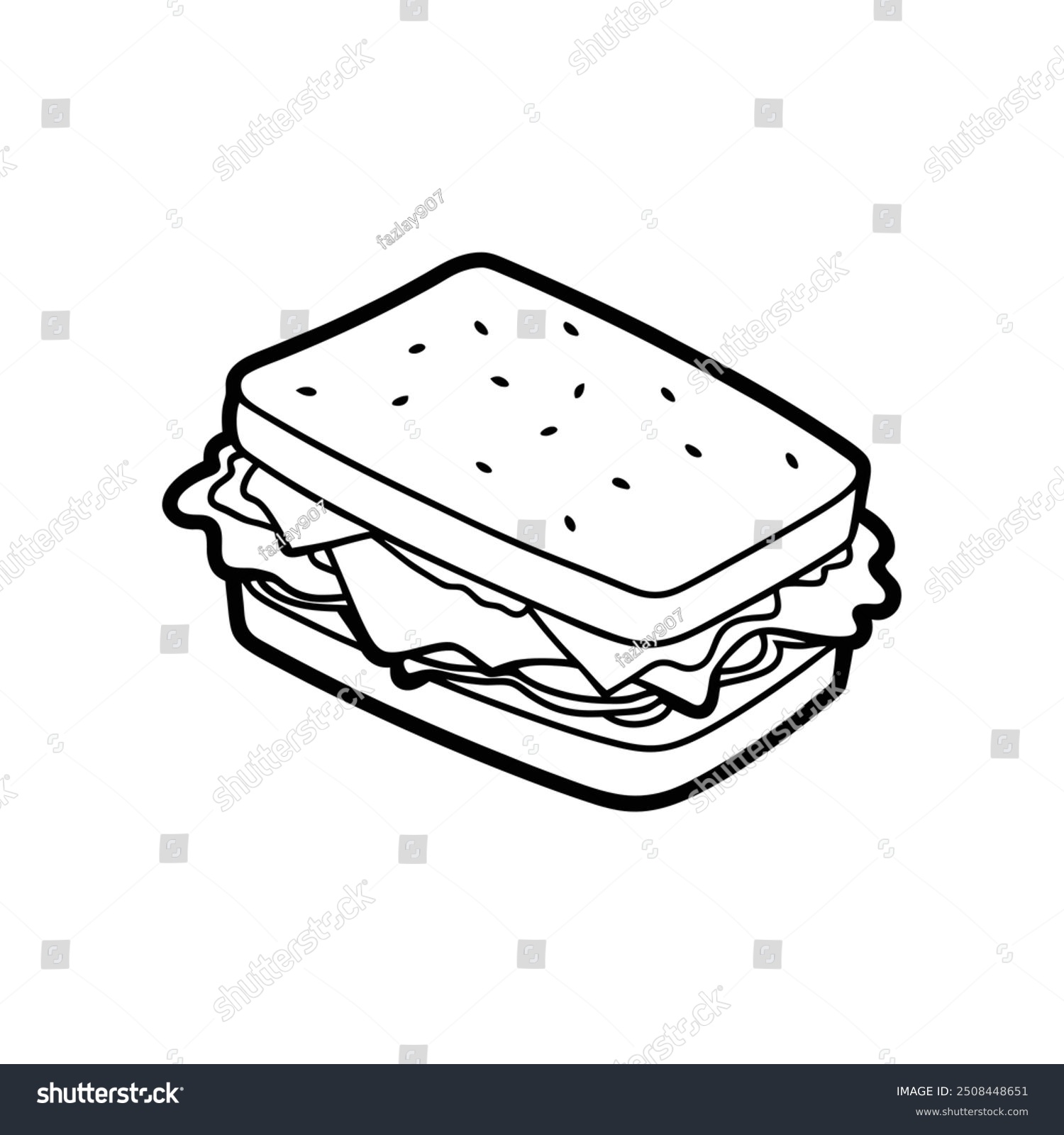 recommend clip art: Line art vector of a big club sandwich with ham, cheese, and veggies on a dark background.
