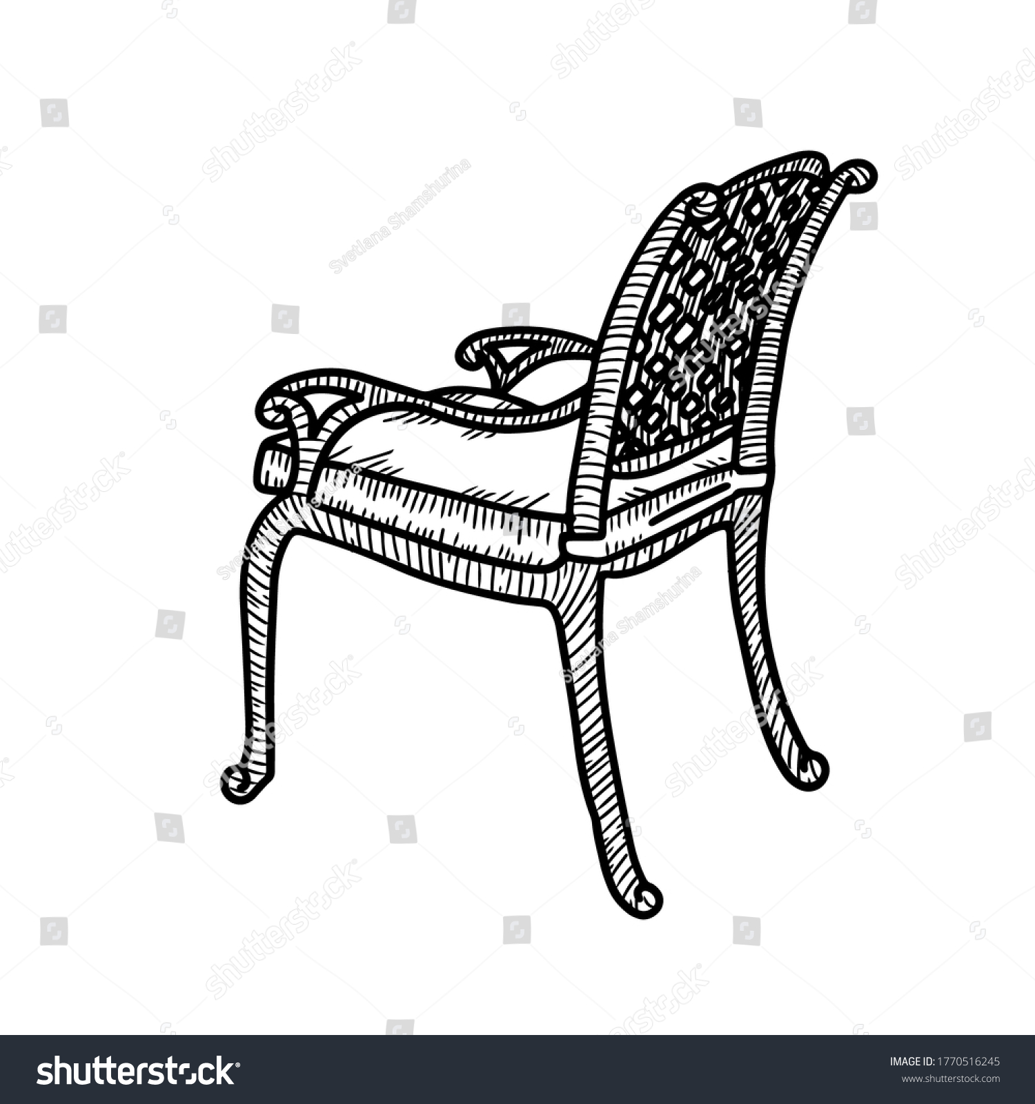 SVG of Line art wicker armchair. Wicker garden chair sketch. Outdoor street cafe furniture. Vector hand drawn illustration isolated on white background. Side view svg