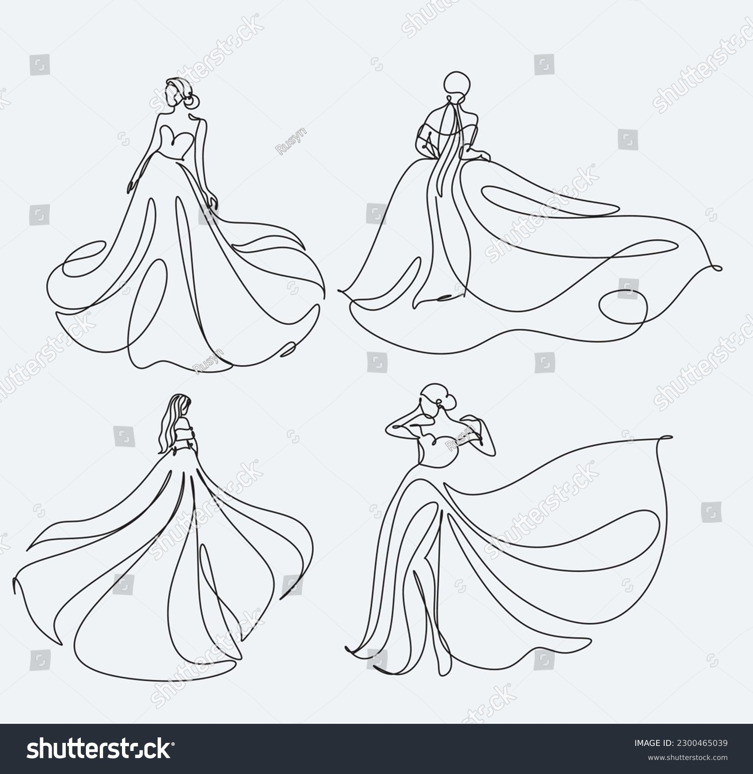 SVG of Line art Woman in a long dress minimalist logo for a bridal shop or wedding agency. Beautiful flowering dress in continuous line art drawing style. Girl wearing luxury evening or bridal  svg