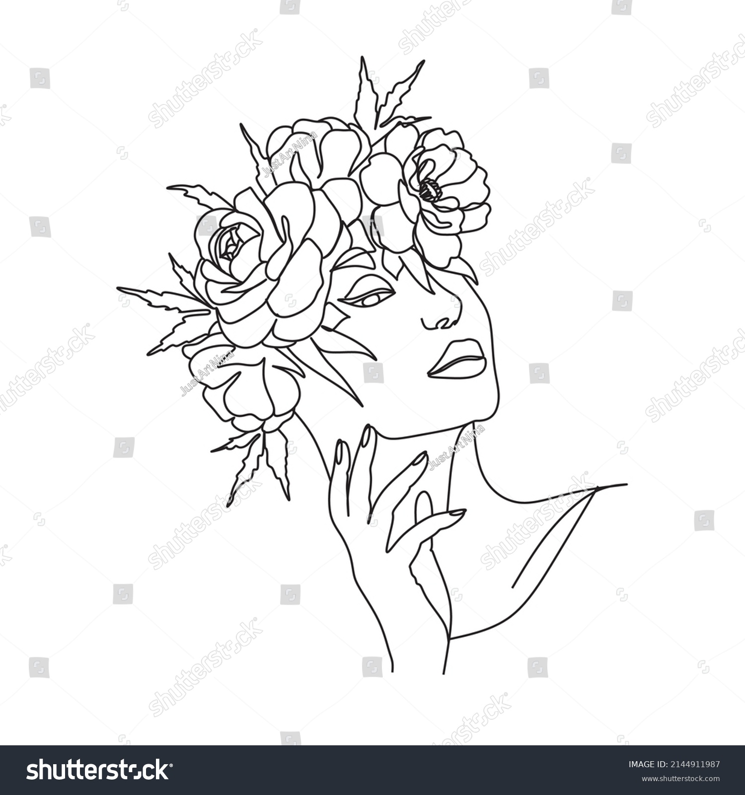 Line Art Woman Flowers Head Flowers Stock Vector (Royalty Free ...