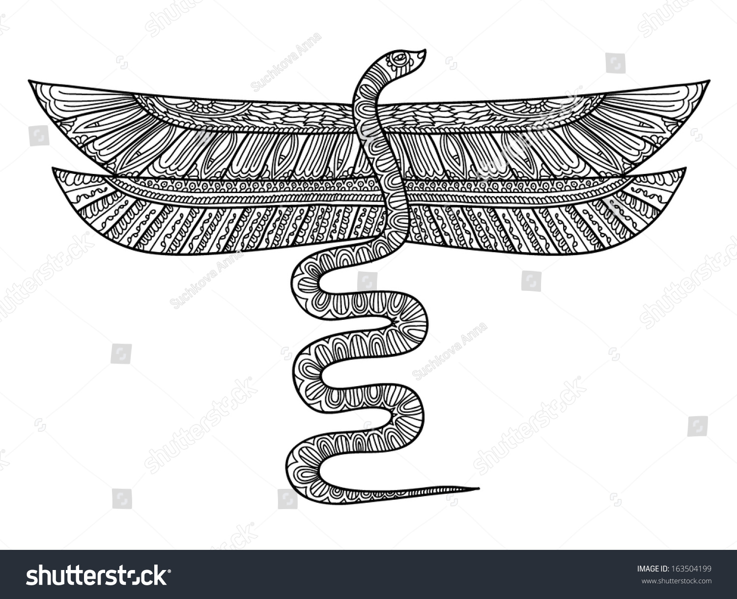 Line Drawing Flying Snake Patterned Wings Stock Vector Royalty Free