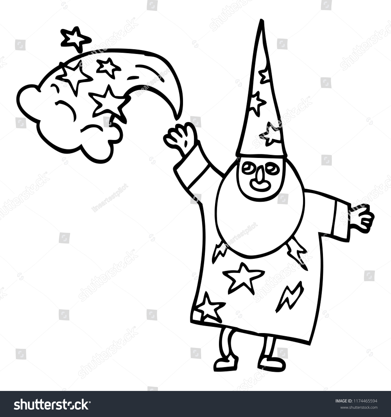 Line Drawing Cartoon Wizard Casting Spell Stock Vector Royalty Free 1174465594