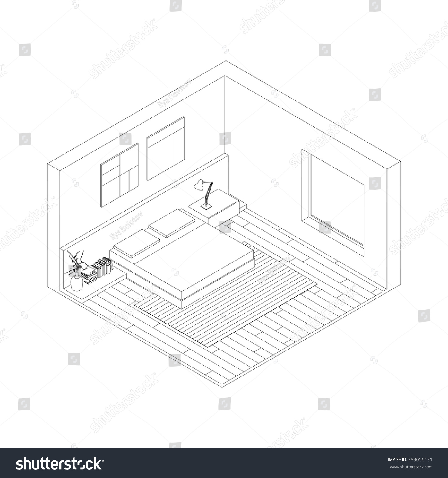 Line Drawing Interior Bedroom Isometric View Stock Vector