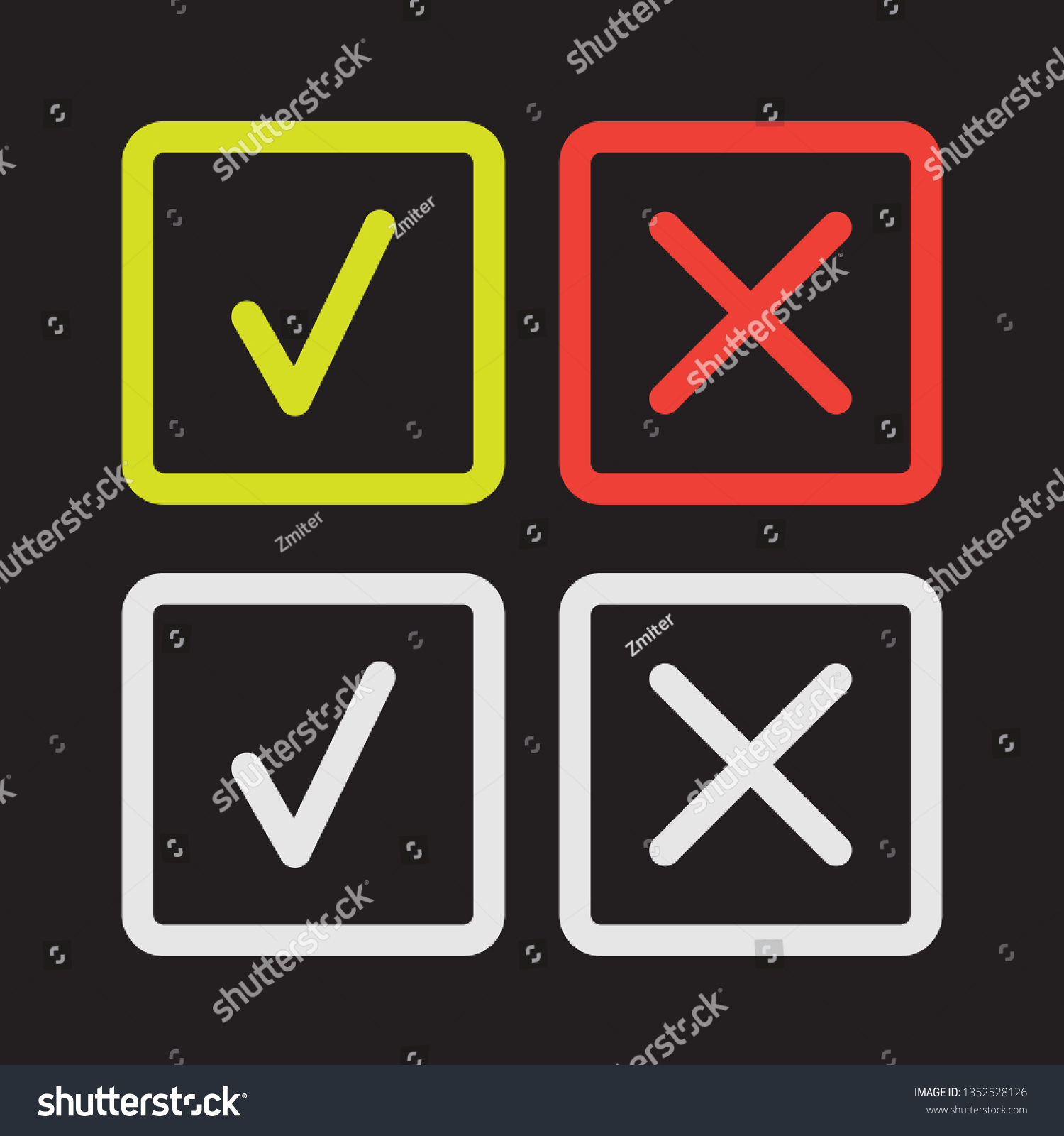 SVG of line green check mark or check box icons set . Green tick and red cross check marks flat style line icons set isolated on black background svg