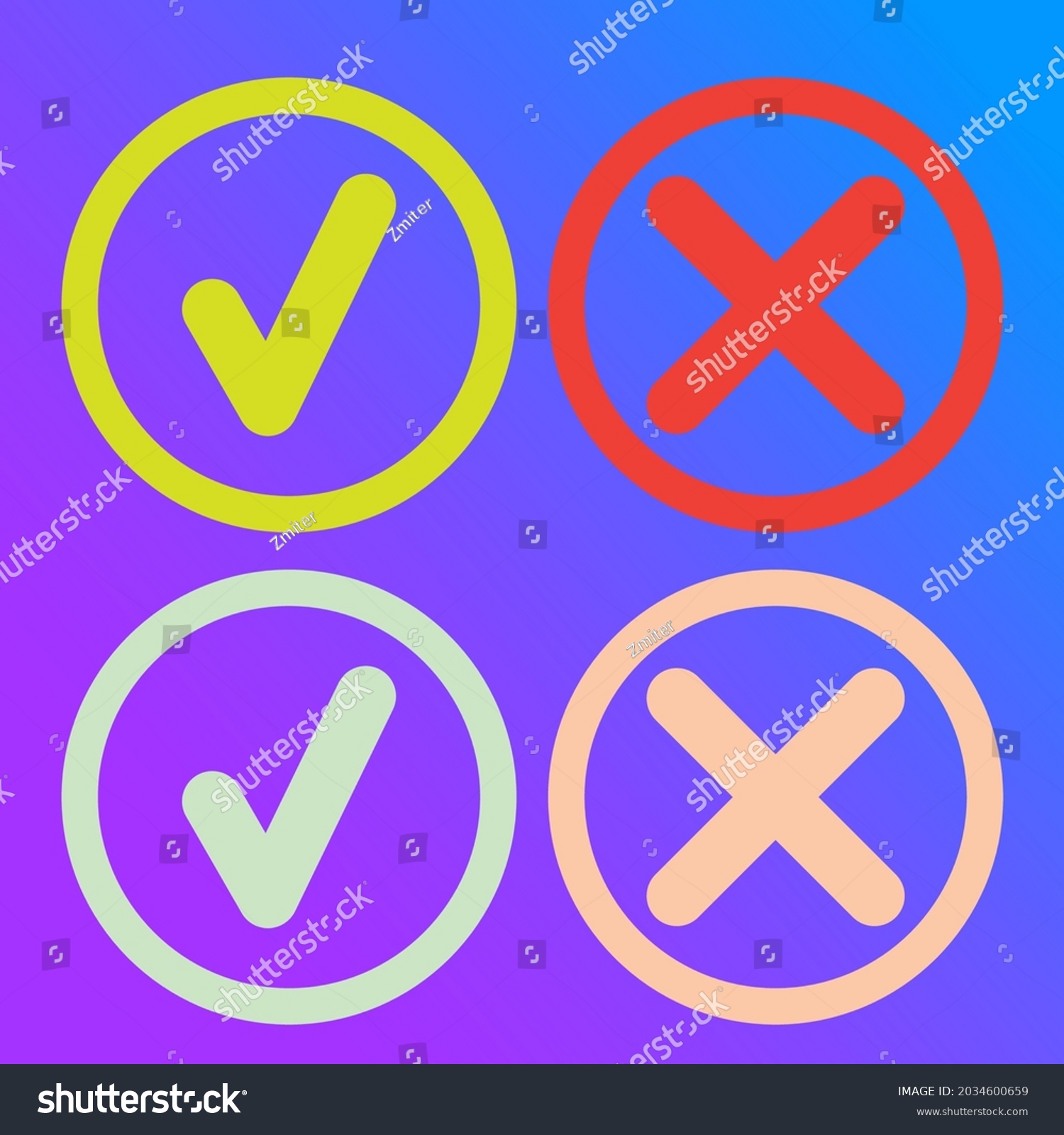 SVG of line green checkmark or check box icons set. Green tick and red cross checkmarks flat style line icons set isolated on violet background svg