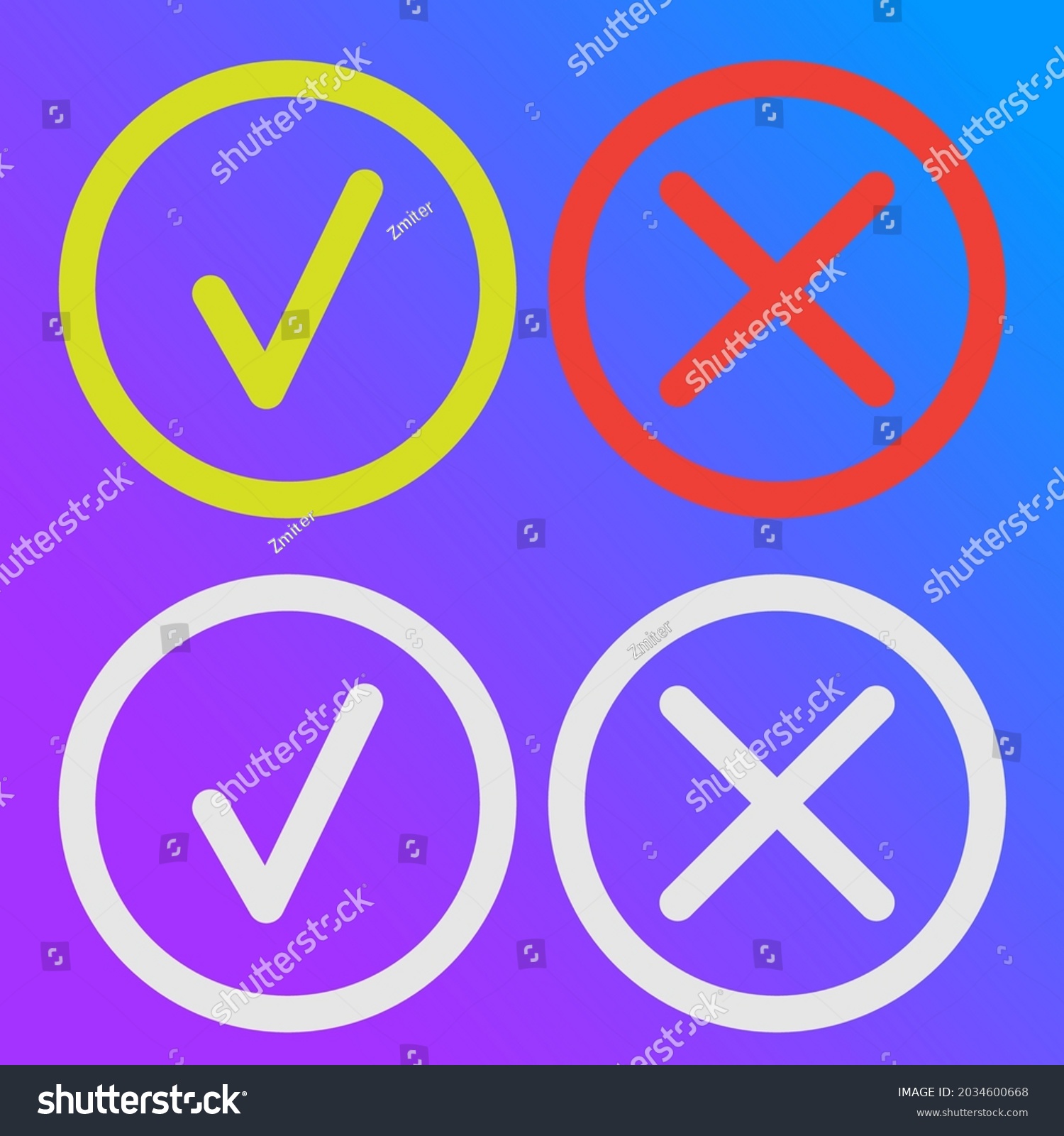 SVG of line green checkmark or check box icons set. Green tick and red cross checkmarks flat style line icons set isolated on violet background svg