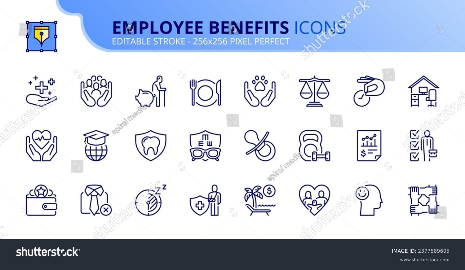 SVG of Line icons about employee benefits. Contains such icons as health insurance, social responsibility, retirement planning and bonus. Editable stroke. Vector 256x256 pixel perfect. svg