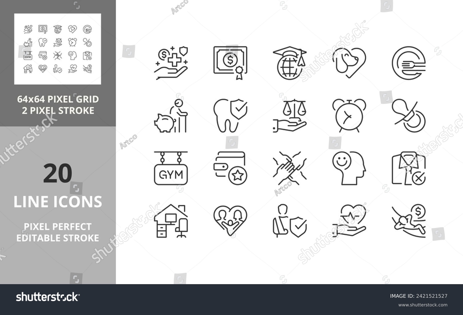 SVG of Line icons about employee benefits. Editable vector stroke. 64 and 256 Pixel Perfect scalable to 128px... svg