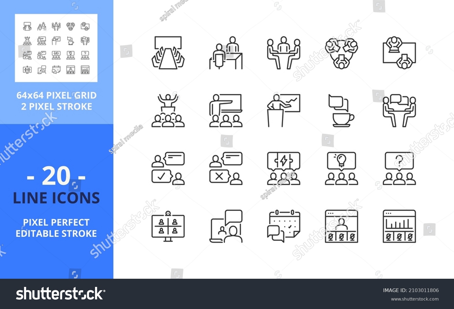 SVG of Line icons about meeting. Business concept. Contains such icons as conference, interview, presentation, webinar, teamwork and coworking. Editable stroke. Vector - 64 pixel perfect grid svg