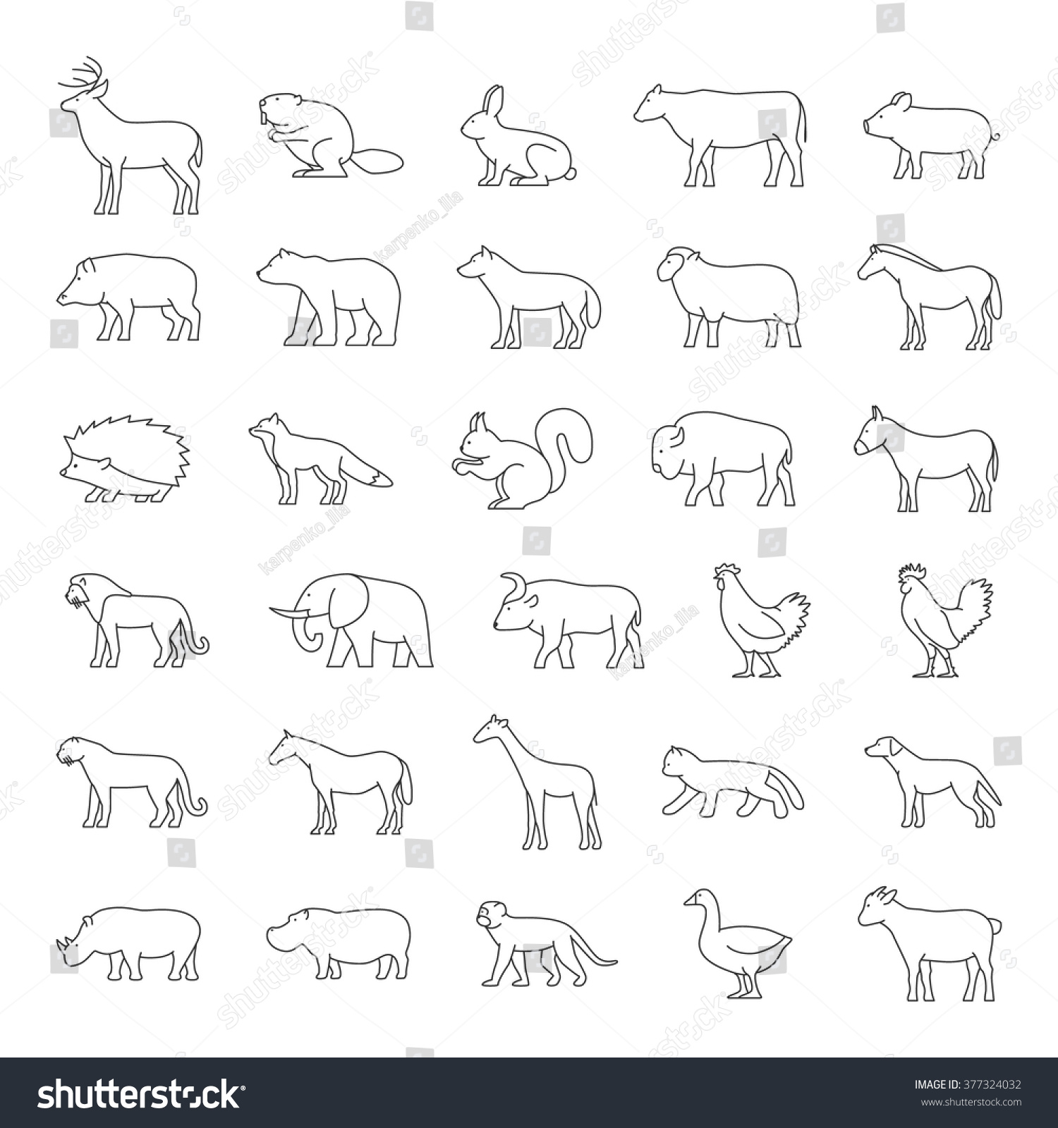 Line Set Domestic Wild Animals On Stock Vector 377324032 - Shutterstock