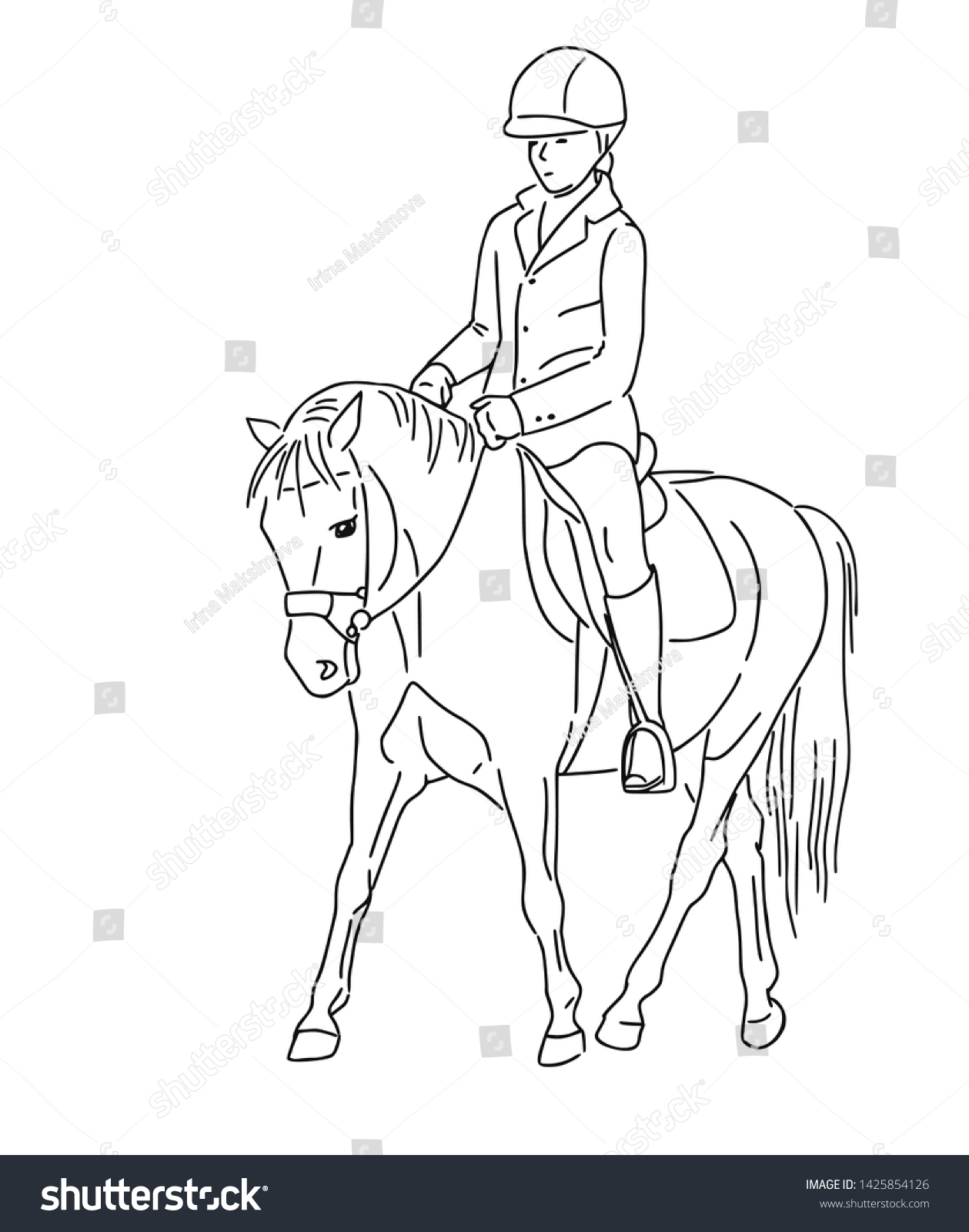 Linea Drawing Girl Riding Pony Stock Vector (Royalty Free) 1425854126 ...